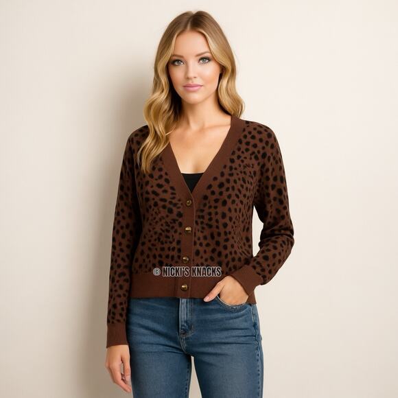 Sanctuary Brown Leopard Print Cardigan V-Neck Button Front Knit Sweater Size M - Picture 1 of 7